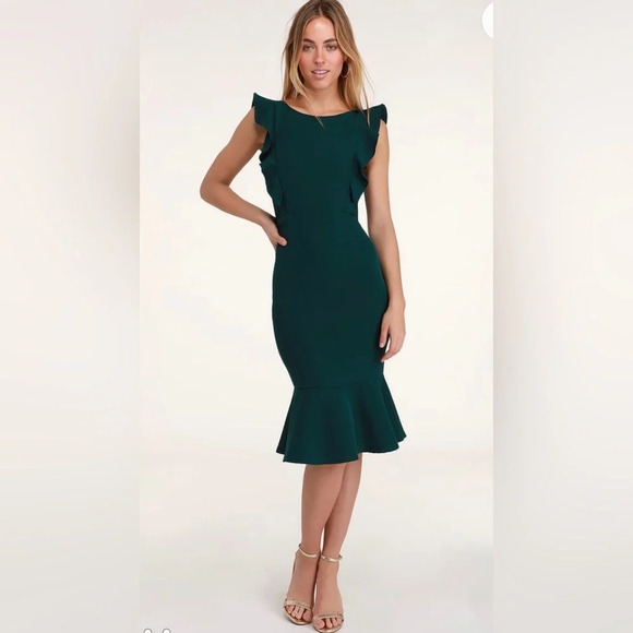Lulu’s Hearts Aflutter Dark Green Ruffled Bodycon Midi Dress - Picture 1 of 6